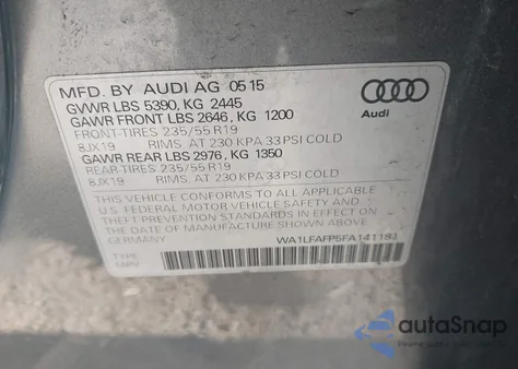 2015 Audi Q5 2.0T Premium из США, поврежденный, VIN WA1LFAFP5FA141181